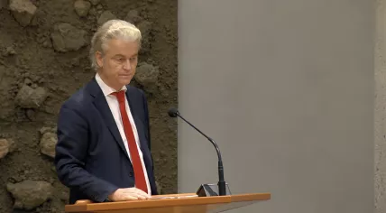PVV leader Geert Wilders during the first parliamentary debate in the Tweede Kamer on the election results. 13 December 2023.