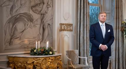 King Willem-Alexander during the recording of his 2023 Christmas Address from Huis ten Bosch Palace. December 2023