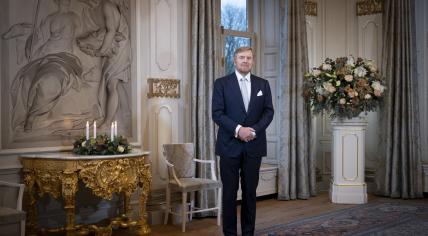 King Willem-Alexander during the recording of his 2023 Christmas Address from Huis ten Bosch Palace. December 2023