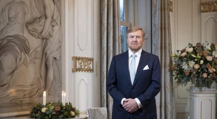 King Willem-Alexander during the recording of his 2023 Christmas Address from Huis ten Bosch Palace. December 2023