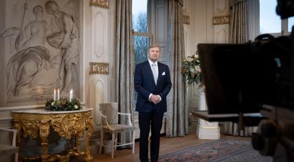 King Willem-Alexander during the recording of his 2023 Christmas Address from Huis ten Bosch Palace. December 2023