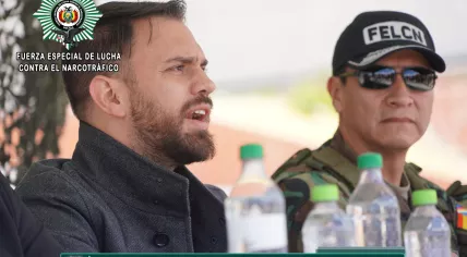 Bolivian Minister of Government Eduardo del Castillo at a press conference about 8.7 tons of cocaine found hidden on wood floor tiling destined for the Netherlands. 5 January 2024