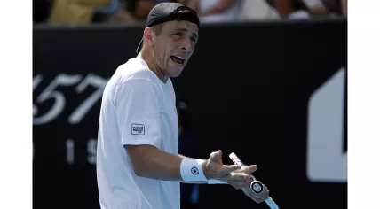 A frustrated Tallon Griekspoor reacts during his match against Arthur Cazaux at the Australian Open. Cazaux won in straight sets. 20 January 2024