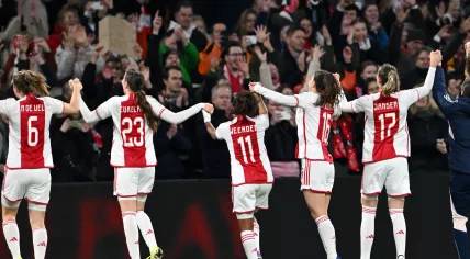 Ajax celebrates the 2-1 victory and reaches the quarter-finals after the UEFA Women's Champions League Group C match between Ajax Amsterdam and AS Roma at the Johan Cruijff ArenA on January 30, 2024 in Amsterdam, Netherlands.