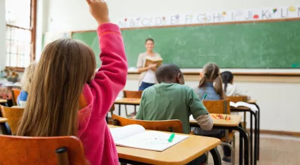 A girl in primary school raises her hand in class