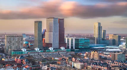 The Hague, Netherlands city centre skyline at twilight