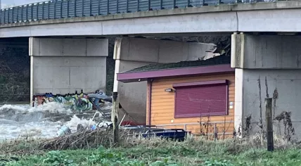 Houseboat that had collided with the bridge on the Stuwweg, Maastricht,  January 4, 2024