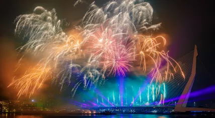 Fireworks usher in the New Year on the Erasmus Bridge in Rotterdam. 1 January 2024