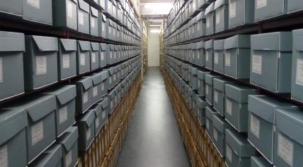 Boxes and boxes of documents inside the National Archives in The Hague. 2013