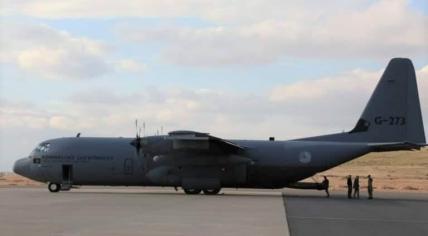 A Dutch Lockheed C-130 Hercules on an airfield in Jordan during a mission to air drop supplies for a Jordanian-run hospital in Gaza. 4 February 2024