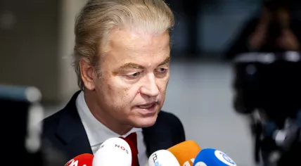 PVV leader Geert Wilders responds to journalists on Pieter Omtzigt and his NSC's withdrawal from the Cabinet formation talks before entering a parliamentry debate on the Ministry of Justice and Security's budget, 7 February 2024