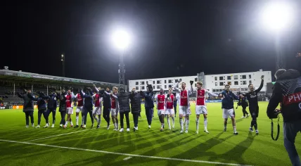 Ajax celebrates the 1-2 victory after the UEFA Conference League play-off match between FK Bodø/Glimt and Ajax Amsterdam at the Aspmyra Stadium on February 22, 2024 in Bodø, Norway.