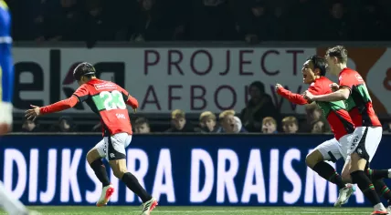 Kodai Sano of NEC Nijmegen celebrates his goal during the Semi-final in the KNVB Cup between SC Cambuur and NEC at the Cambuur Stadium on February 27, 2024 in Leeuwarden, Netherlands