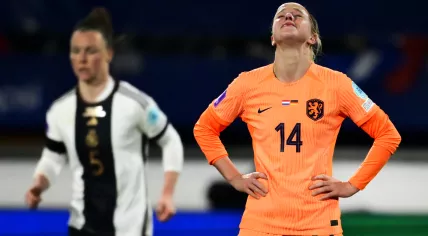A disappointed Jackie Groenen during the UEFA Nations League match for Olympics qualification between the Netherlands and Germany in Heerenveen, 28 February 2024