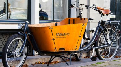 AMSTERDAM, NETHERLANDS - NOVEMBER 10:  Babboe bicycle added to transport loads on November 10, 2014 in Amsterdam. 