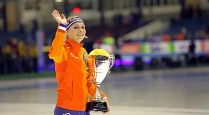 Speed Skater Irene Schouten after wining the speed skating mass start world cup in Heerenveen. 2015
