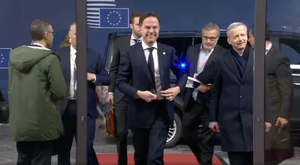Mark Rutte arrives and takes questions from reporters at the Special European Council meeting in Brussels, Belgium. 1 February 2024