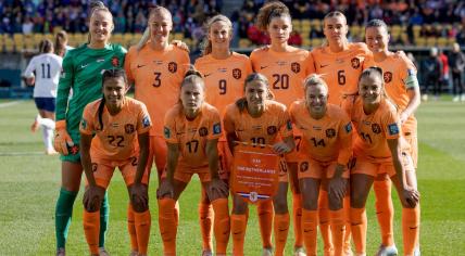 The Netherlands women side prior to their World Cup match in 2023 against the United States in Wellington, New Zealand