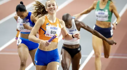 Femke Bol on the 4x400 meter relay, during the last day of the World Indoor Athletics Championships in Scotland.