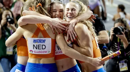 Cathelijn Peeters, Femke Bol, Lisanne de Witte and Lieke Klaver after the final of the 4x400 meter relay, during the last day of the World Indoor Athletics Championships in Scotland.