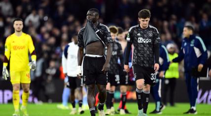 Brian Brobbey of Ajax, Benjamin Tahirovic of Ajax disappointed after the UEFA Conference League round of 16 match between Aston Villa v Ajax Amsterdam at Villa Park on March 14, 2024 in Birmingham, England