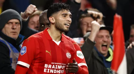 Ricardo Pepi of PSV Eindhoven celebrates the 1-0 during the Dutch Eredivisie match between PSV Eindhoven and FC Twente at the Phillips stadium on March 17, 2024 in Eindhoven, Netherlands