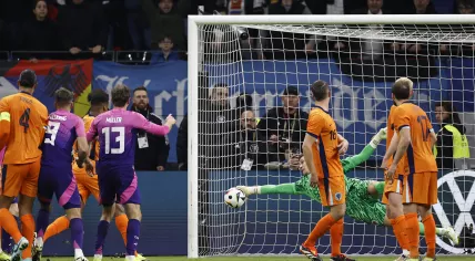 Niclas Fullkrug of Germany scores the 2-1, Thomas Muller of Germany, Holland goalkeeper Bart Verbruggen, Joey Veerman of Holland during the friendly Interland match between Germany and the Netherlands at the Deutsche Bank Park stadium on March 26, 2024 in Frankfurt, Germany.