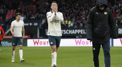 Luuk de Jong of PSV Eindhoven is disappointed during the Dutch Eredivisie match between NEC and PSV in De Goffert on March 30, 2024 in Nijmegen, Netherlands.