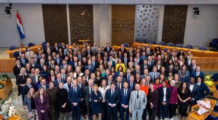 Group photo of the 150 members of the Tweede Kamer after being sworn in on 6 December 2023