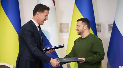 Mark Rutte and Volodymyr Zelenskyy at the signing of a 10-year security agreement between the Netherlands and Ukraine. 1 March 2024