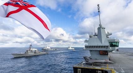 Photo taken from the British Royal Navy aircraft carrier HMS Prince of Wales before departing NATO Steadfast Defender exercises for Rotterdam. 13 March 2024