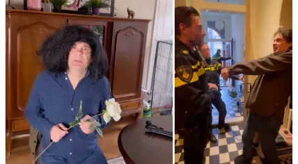 Comedian Hans Teeuwen in a cheeky parody of Amsterdam Mayor Femke Halsema with a prop gun on a table. Police raided his home a few hours later because of the gun. 12 March 2024