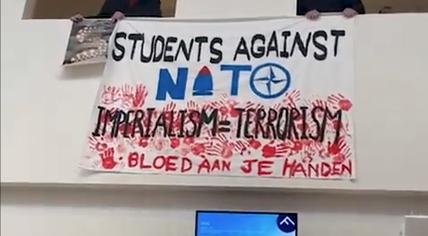 Banner made by protestors at the University of Amsterdam on March 26,2024. 