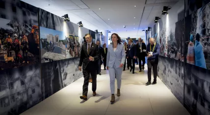 Dutch Foreign Affairs Minister Hanke Bruins Slot and her Ukrainian counterpart, Dmytro Kuleba, at the Restoring Justice for Ukraine conference in The Hague. 2 April 2024