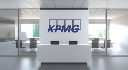 KPMG logo above reception desk in the modern office, editorial conceptual 3D rendering