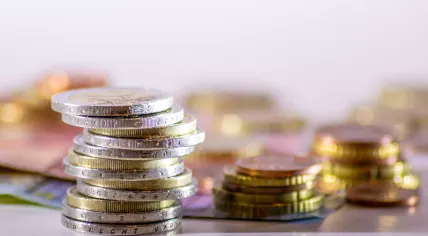 Stacks of euro coins along euro bank notes