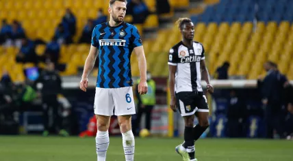 Stefan de Vrij in defense for Inter Milan, with Yann Karamoh playing forward for Parma at home in Stadio Ennio Tardini. 4 March 2021
