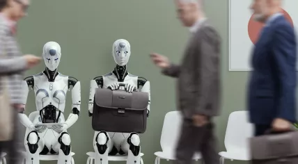Business people and humanoid AI robot sitting and waiting for a job interview.