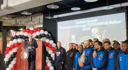 Rotterdam mayor Ahmed Aboutaleb congratulating the Feyenoord team on their KNVB Cup victory at the celebration on the Binnenrotte, 22 April 2024