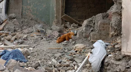 A teddy bear lies amidst rubble in Gori after conflict between Georgia and Russia. Taken 25 August 2008