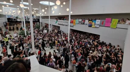 Gaza support protesters inside the University of Amsterdam building on Roeterseiland, 13 May 2024