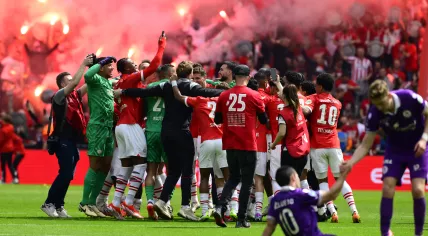 PSV players celebrate the 25th National title after the Dutch Eredivisie match between PSV Eindhoven and Sparta Rotterdam at the Phillips stadium on May 5, 2024 in Eindhoven, Netherlands.