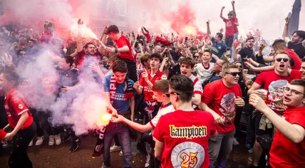 PSV fans celebrate the football club's 25th championship with a party on the streets of Eindhoven after the team's 4-2 win over Sparta. 5 May 2024