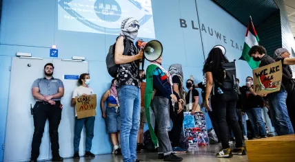Pro-Palestinian noise protest outside EU election debate at TU/Eindhoven. 14 May 2024