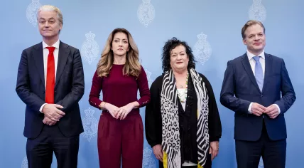 First photo of the new coalition's party leaders all together. Left to right: Geert Wilders (PVV), Dilan Yeşilgöz (VVD), Caroline van der Plas (BBB), and Pieter Omtzigt (NSC). At a press conference presenting their "main lines agreement" on 16 May 2024
