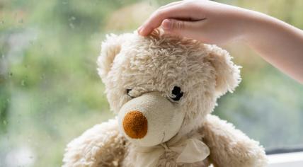 Cropped view of child touching teddy bear near blurred window with raindrops