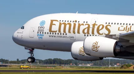 Emirates Airlines Airbus A380 passenger plane taking off from Amsterdam-Schiphol Airport. Amsterdam, The Netherlands - August 17, 2016