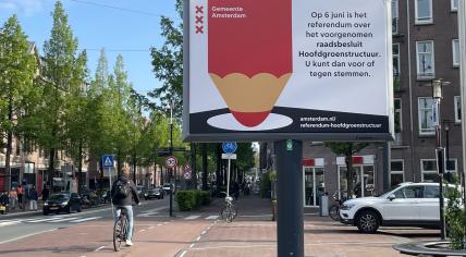 A billboard reminding Amsterdam residents to vote in the European Parliament election and a city referendum on green space on 6 June 2024. Photo taken in Amsterdam Oost on 6 May 2024