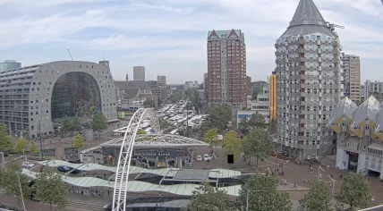 Looking out over Blaak and Binnenrotte in Rotterdam, with the Markthal and a few of the famous cube-shaped homes (Kubuswoningen). 21 May 2024