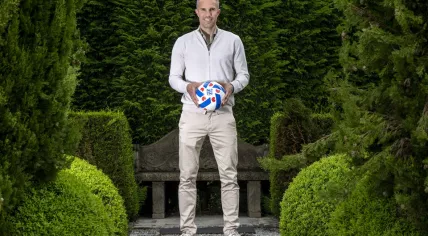 Robin van Persie holding an SC Heerenveen football, May 2024
